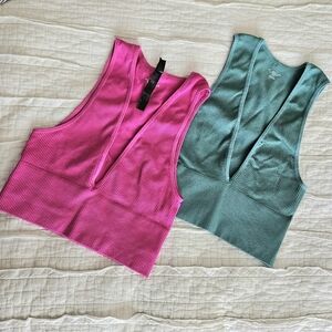 Urban Outfitters Out From Under Green & Pink Plunge Tank Top Ribbed | Size SP